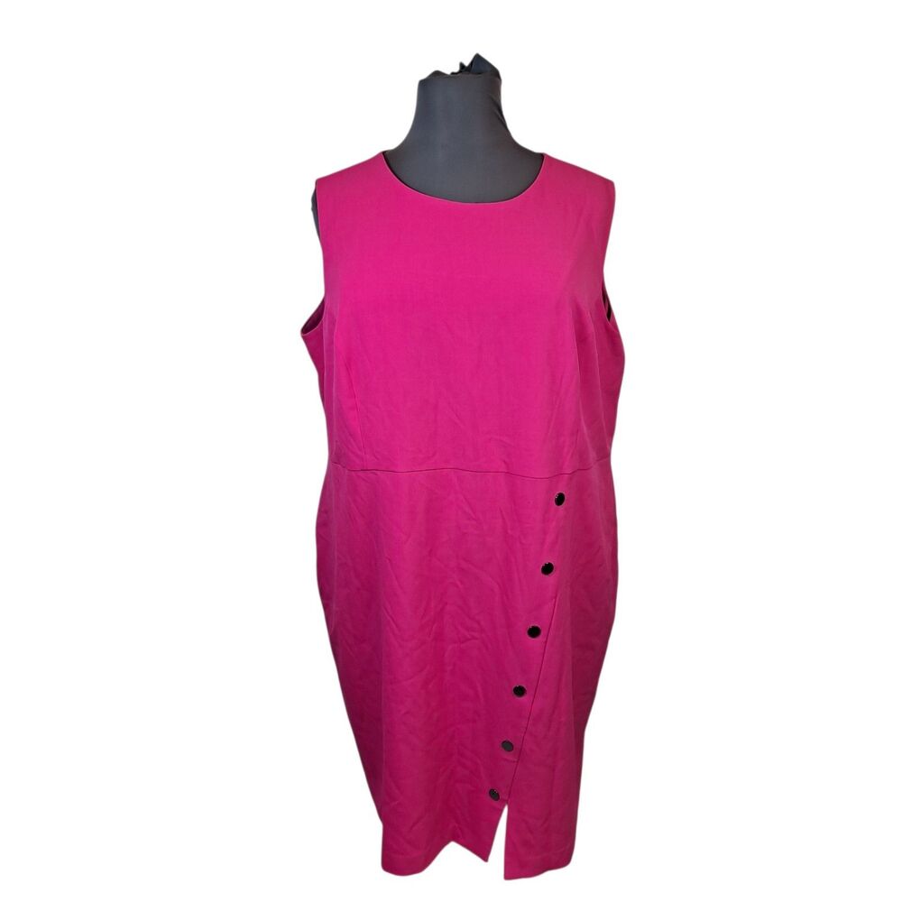 Kasper Fuchsia Pink Sleeveless Midi Dress with Side Button Detail